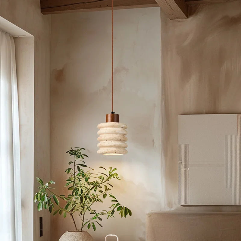 Helnys Yellow Travertine Stone LED Pendant Light Fixture