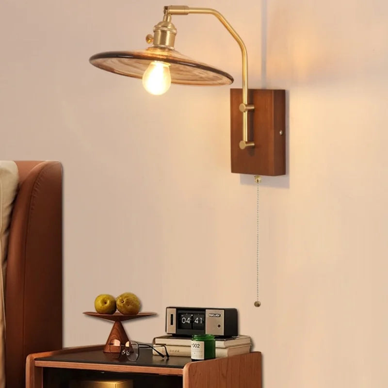 Helnys Walnut Wood LED Wall Light Fixture Glass Pull Chain Switch