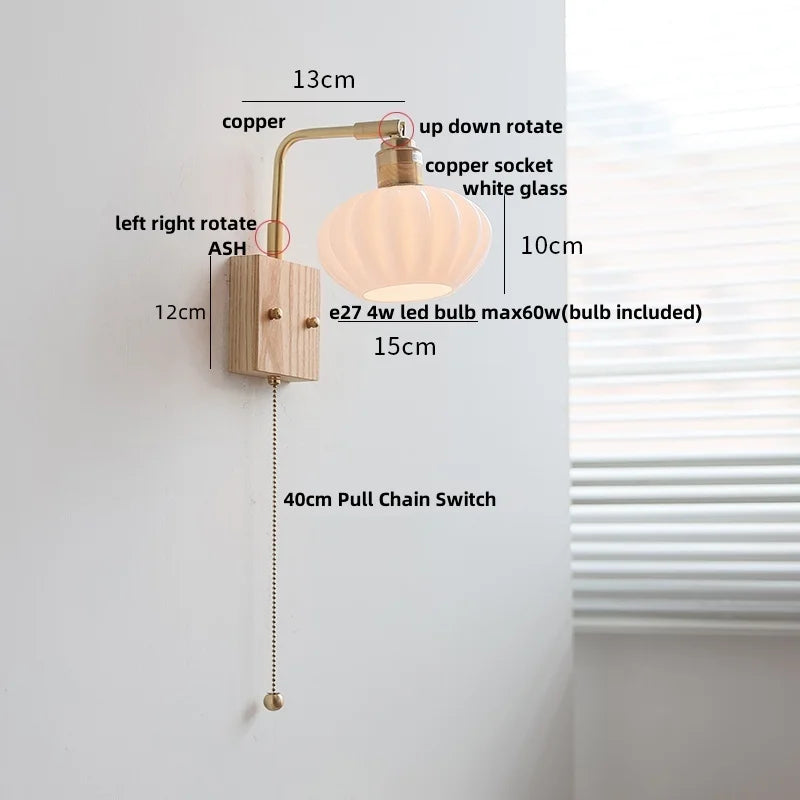Helnys Ash Wood LED Wall Light with Pull Chain Switch & Rotatable White Glass