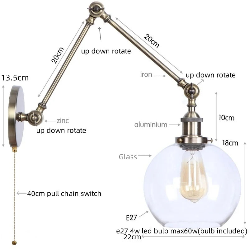 Helnys Industrial Vintage Swing Arm LED Lamp with Pull Chain Switch