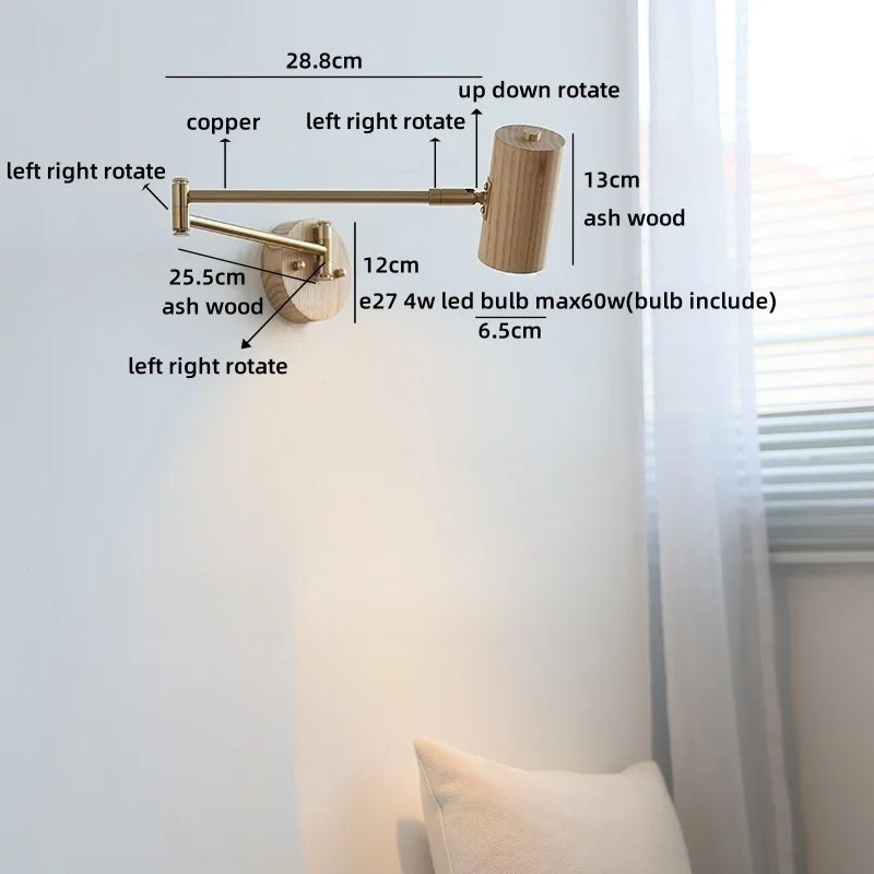 Helnys Ash Wood Swing Arm LED Wall Sconce - Up Down Rotate Bedside Lamp
