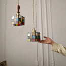 Helnys Colorful Glass Cube LED Pendant Lamp in Walnut Wood for Restaurant & Bedroom