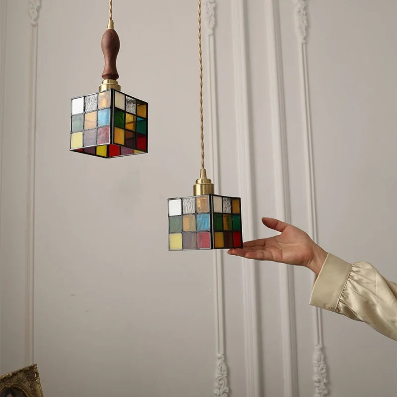 Helnys Colorful Glass Cube LED Pendant Lamp in Walnut Wood for Restaurant & Bedroom