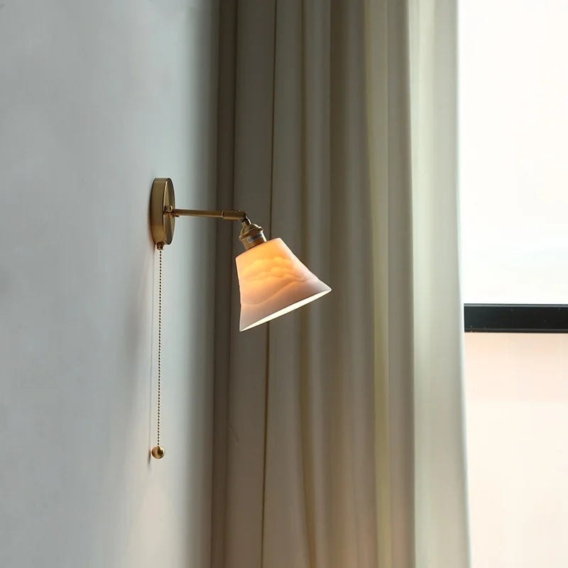 Helnys Nordic LED Wall Light with Pull Chain Switch, White Ceramic Rotation for Home
