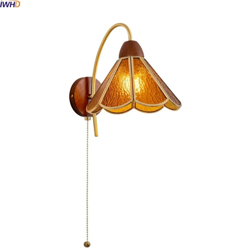 Helnys Gold Antique Brass Amber Glass LED Wall Sconce - Industrial Vintage Bedside Lamp