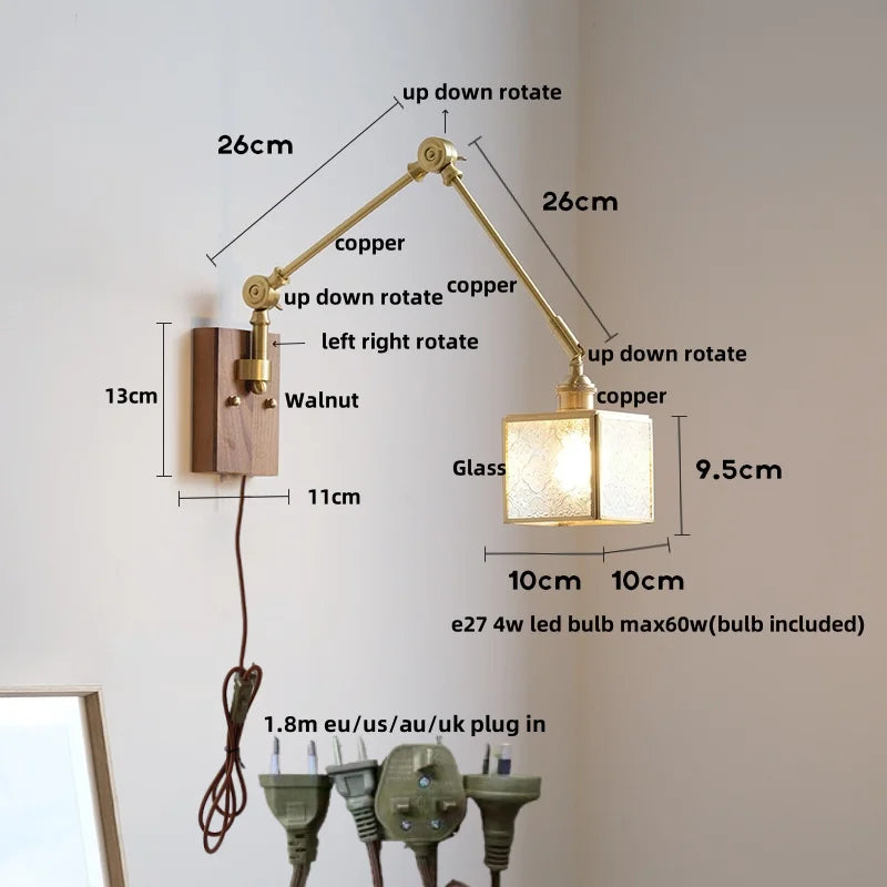 Helnys LED Rotatable Wall Lamp Fixture with Wood Design & Pull Chain Switch