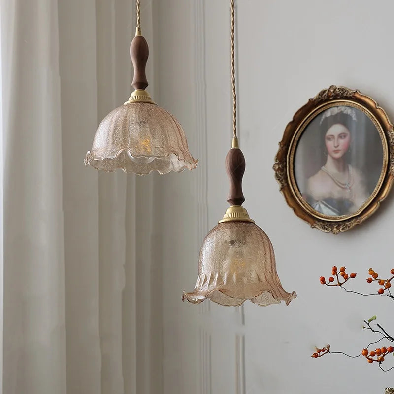 Helnys Amber Glass LED Pendant Lamp Nordic Modern Walnut Wood Copper Hanging Light