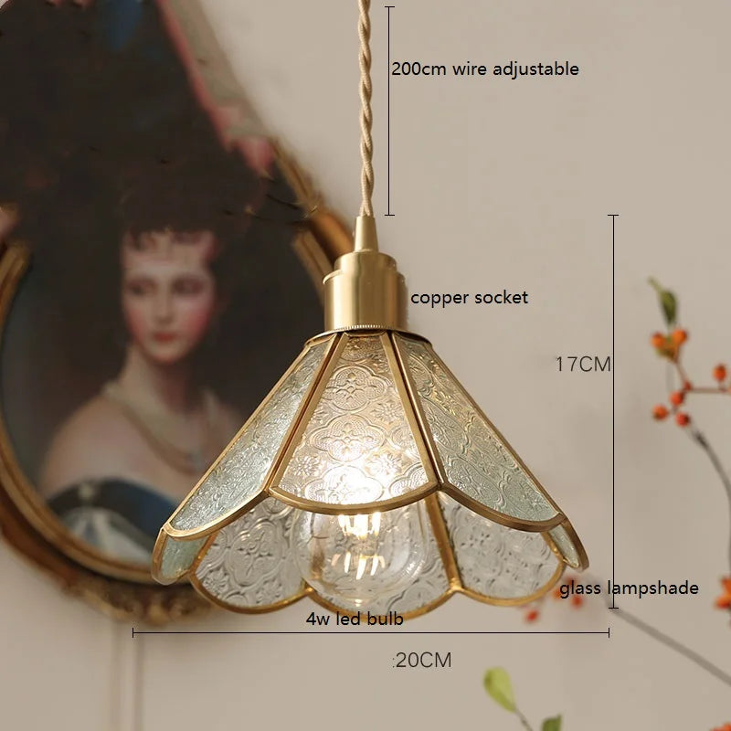 Helnys Vintage Europe Style LED Pendant Light with Wood, Copper, Glass Lampshade