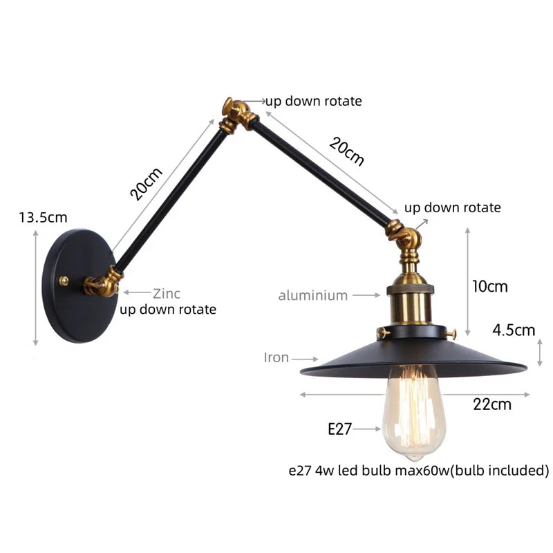 Helnys Adjustable Black Iron LED Wall Light - Industrial Vintage Bedside Lamp