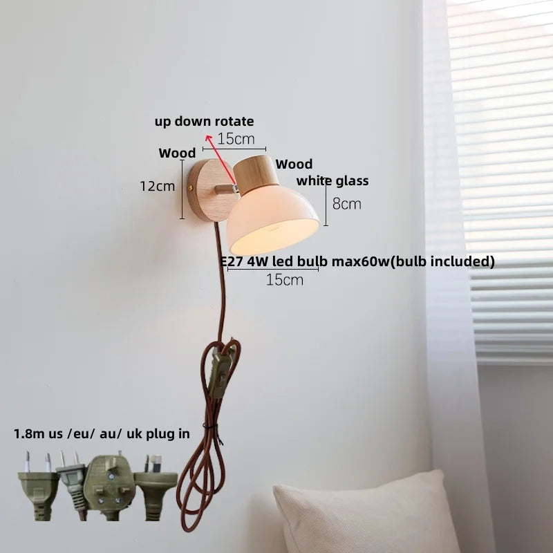 Helnys Amber Glass LED Wall Sconce Wood Pull Chain Switch Stair Light