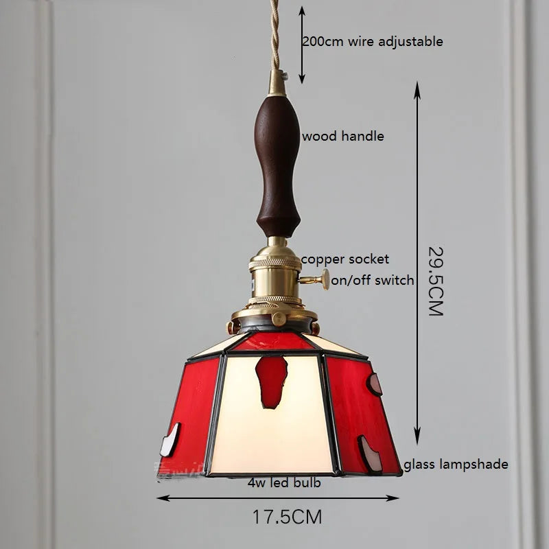 Helnys Vintage Europe Style LED Pendant Light with Wood, Copper, Glass Lampshade