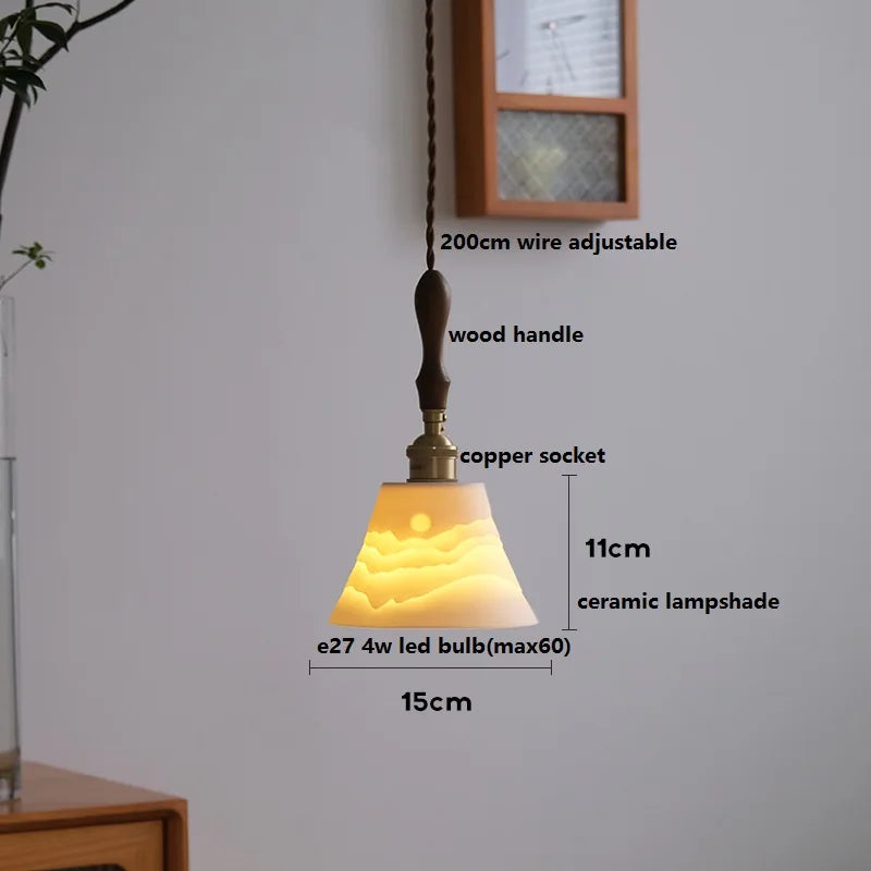 Helnys Ceramic LED Pendant Light with Wood Handle and Copper Socket