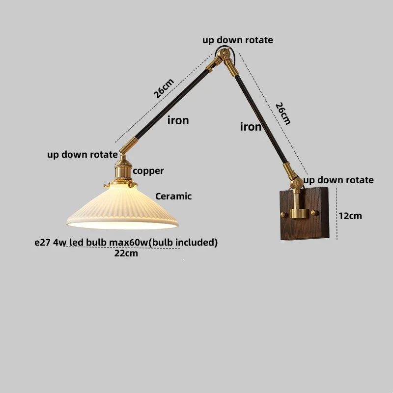 Helnys Rotatable Wood Ceramic Wall Sconce with Pull Chain Switch
