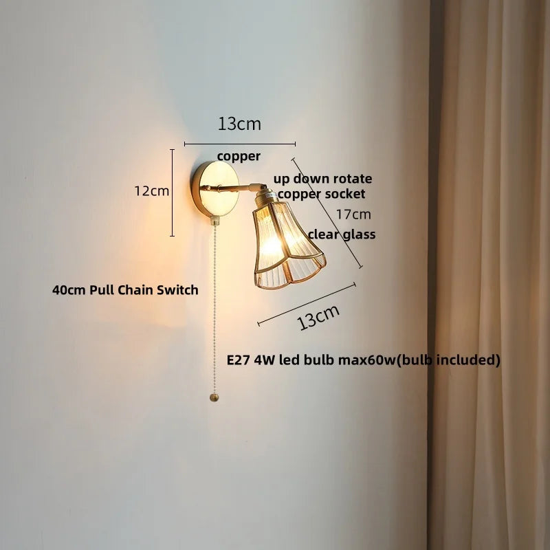 Helnys Copper LED Wall Lights Clear Glass Pull Chain Switch - Modern Nordic Style