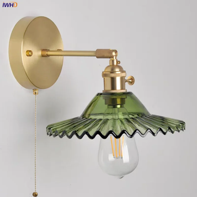 Helnys Green Glass LED Wall Lights with Pull Chain Switch for Home Decor