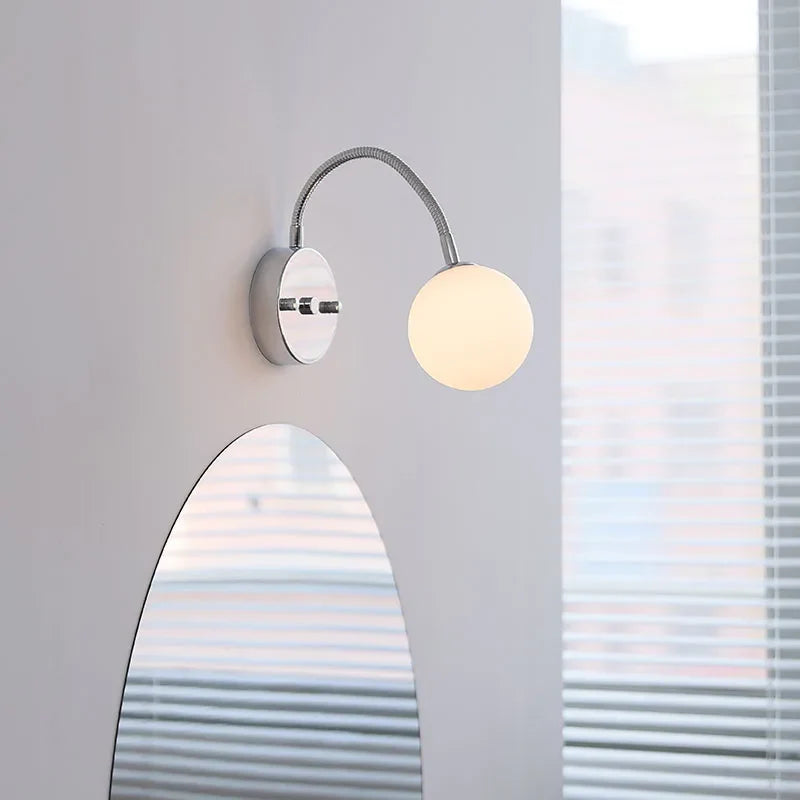 Helnys Silver Hose LED Wall Lamp with White Glass Ball for Modern Bedroom