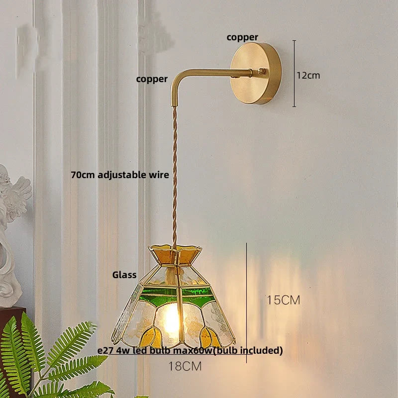 Helnys Glass LED Wall Light Fixture with Adjustable Wire, Pull Chain Switch, Vintage Design