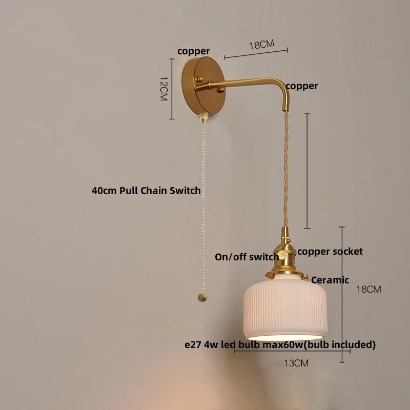 Helnys Walnut Wood LED Wall Sconce Modern Copper Pull Chain Switch Stair Light Fixtures