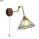 Helnys Green Glass Copper LED Wall Lamp with Pull Chain Switch and Walnut Wood Base
