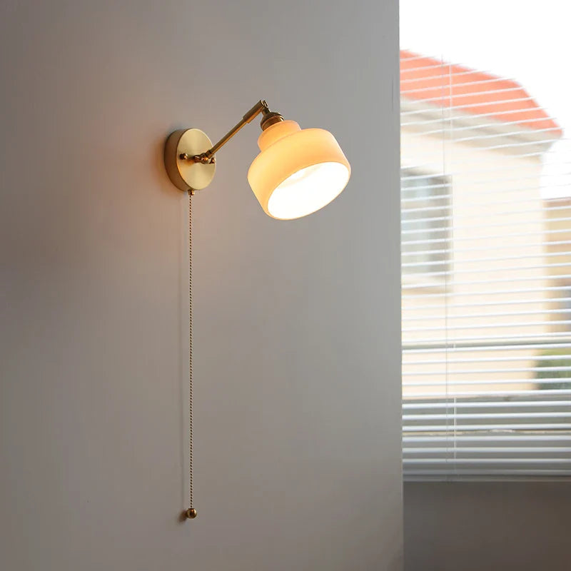 Helnys Glass LED Wall Light Sconce Rotate Pull Chain Switch Bedroom Lamp