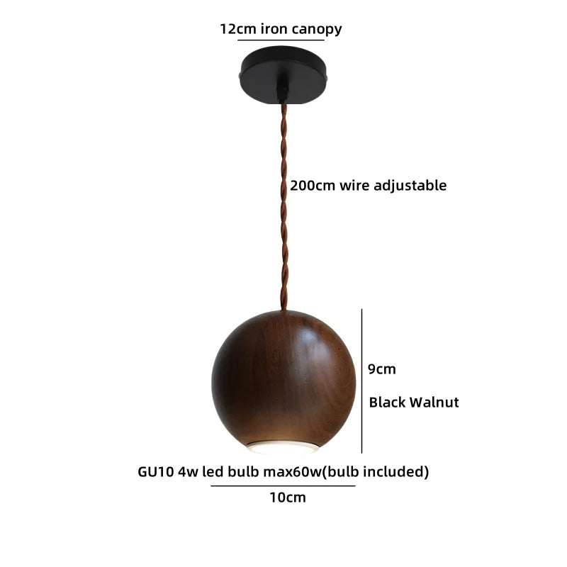 Helnys Wood Glass Balls LED Pendant Chandelier Black Walnut Hanging Lamp