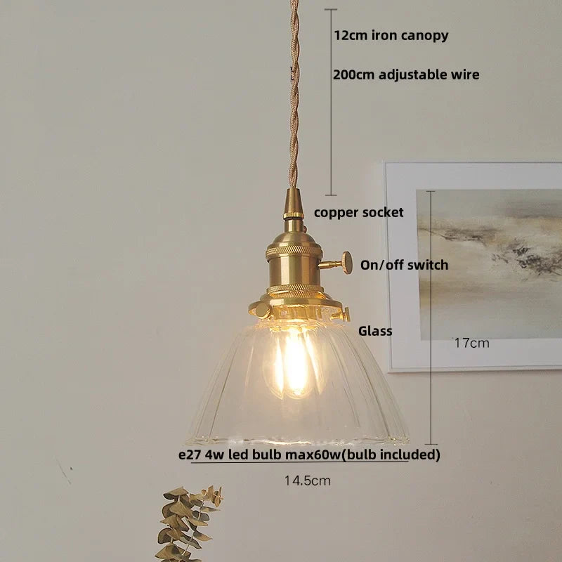 Helnys Glass LED Pendant Lights Nordic Modern Hang Lamp with Copper Knob Switch