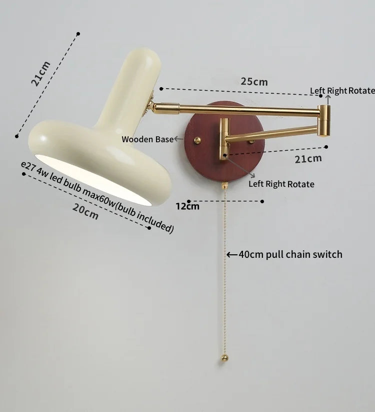 Helnys LED Wall Sconce Rotate Pull Chain Switch Wood Base Bedside Lamp