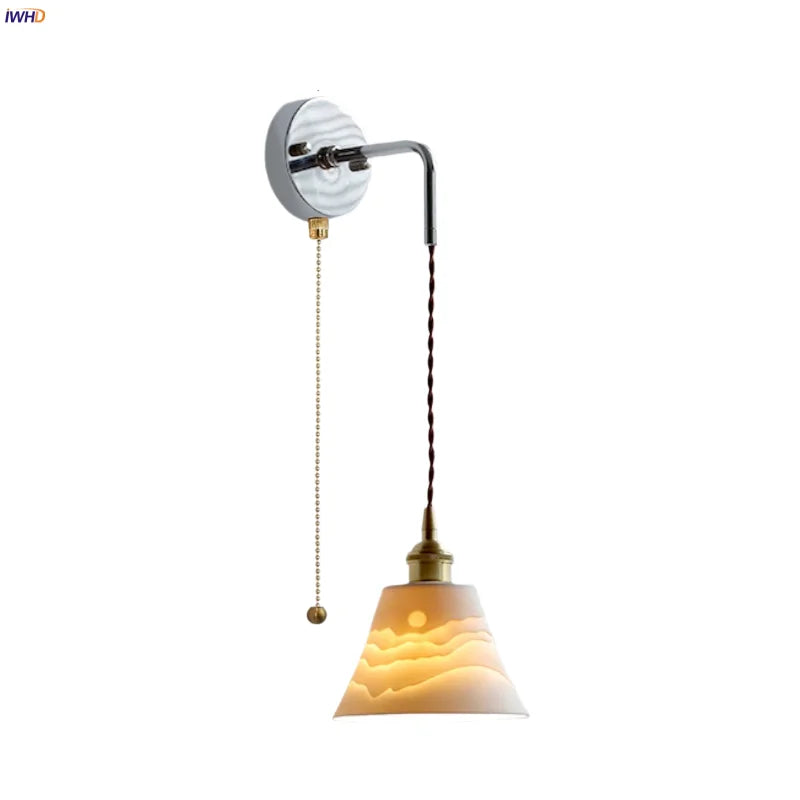 Helnys Nordic LED Wall Light Pull Chain Switch Adjustable Sconce White Ceramic