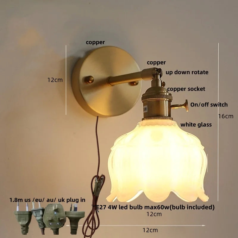Helnys Copper Rotate LED Wall Light with Pull Chain Switch - Modern Glass Bedside Lamp