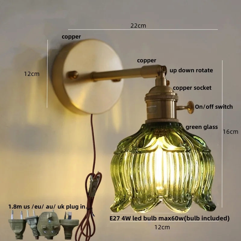 Helnys Copper Rotate LED Wall Light with Pull Chain Switch - Modern Glass Bedside Lamp
