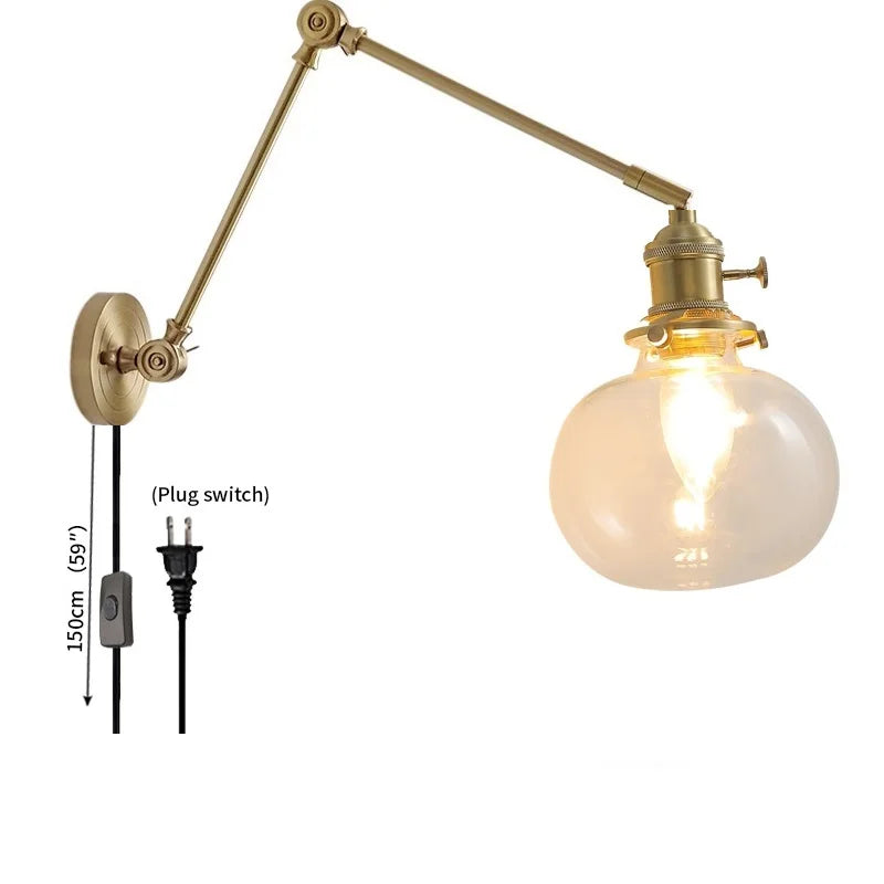 Helnys Smoke Glass Ball LED Wall Sconce - Modern Copper Long Arm Light
