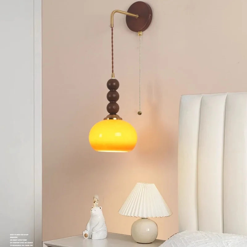 Helnys Adjustable Wood Glass Wall Lights with Pull Chain Switch for Aisle Study Dining