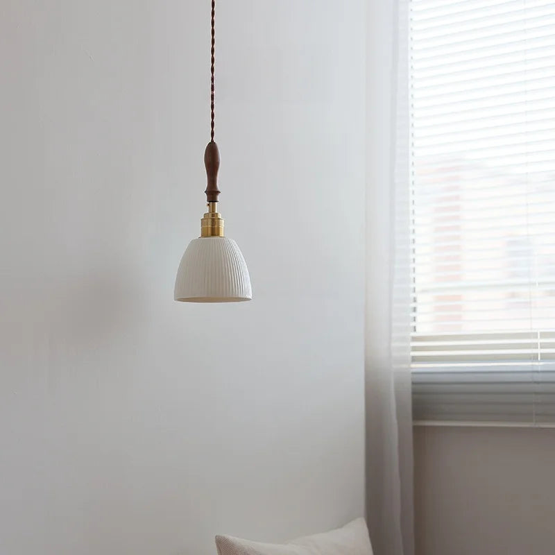 Helnys Ceramic Copper LED Pendant Light with Wood Handle for Home Decor