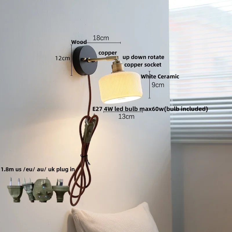 Helnys Ceramic LED Wall Light, Modern Nordic Rotate Wood Bedside Lamp