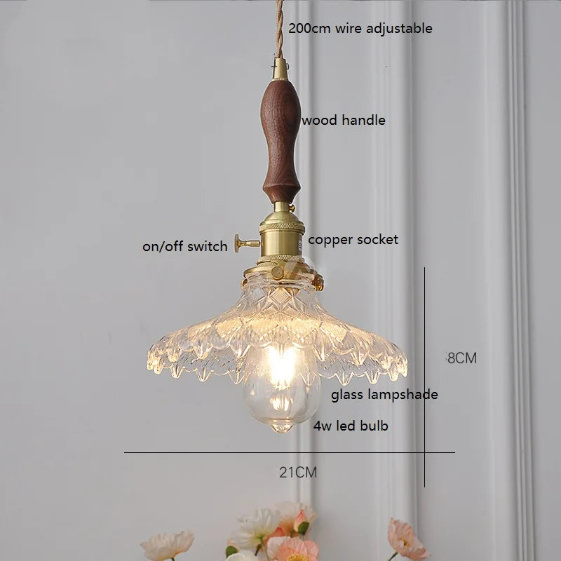 Helnys Green Glass LED Pendant Lamp with Copper Wood Handle for Dinning Living Room