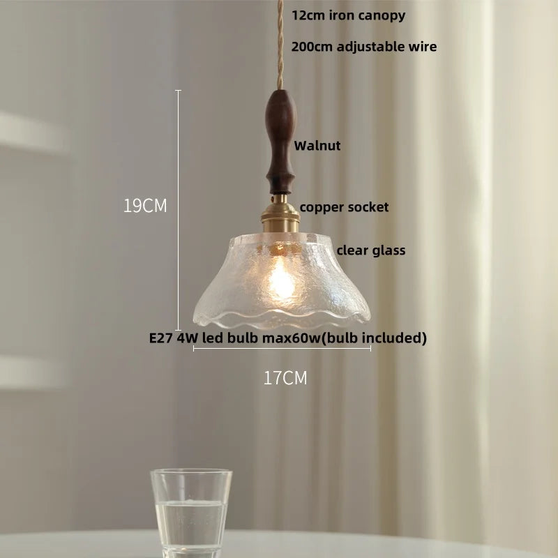 Helnys Nordic Walnut Wood LED Pendant Light Fixture Glass Hang Lamp