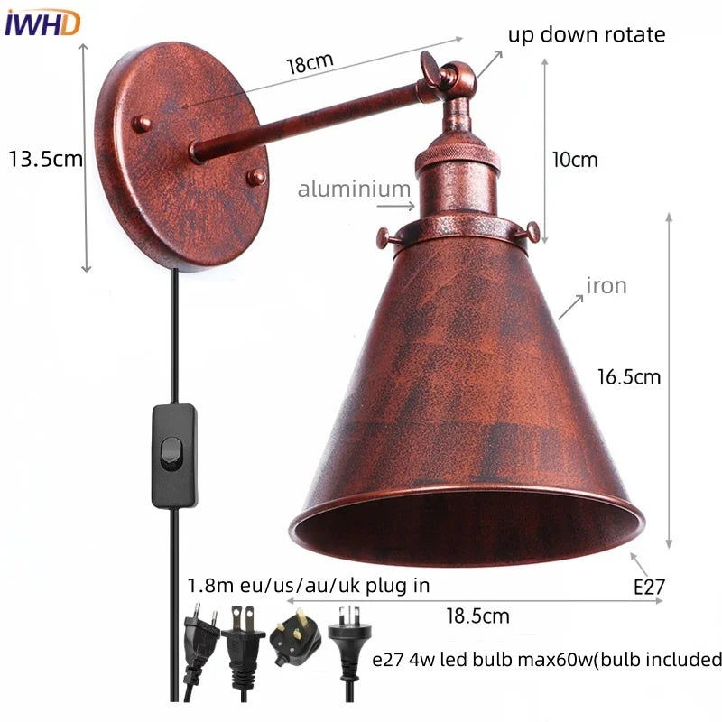 Helnys Industrial Iron LED Wall Lamp Plug In Stair Light Fixture Bedroom Aisle Vintage