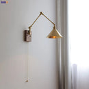 Helnys Nordic Copper LED Wall Lamp with Pull Chain Switch, Wooden Canopy