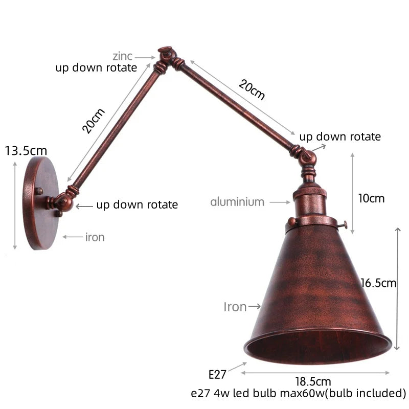 Helnys Retro LED Swing Arm Wall Sconce Black Industrial Vintage Loft Lamp