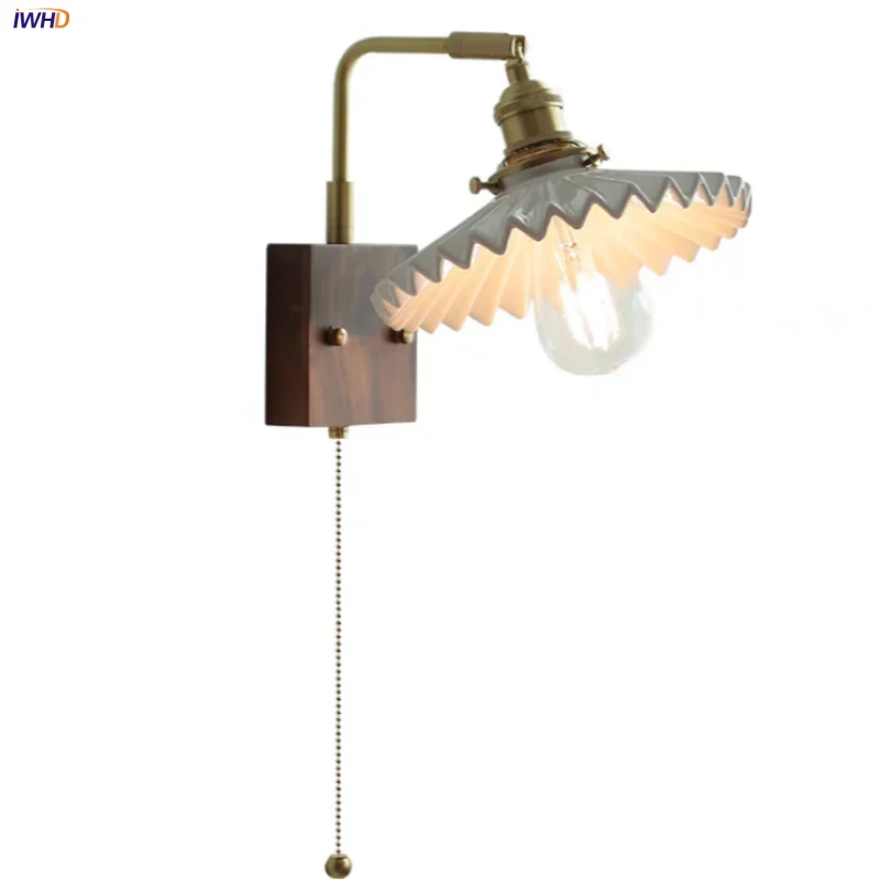 Helnys Nordic Modern Walnut Wood LED Wall Lamp with Rotatable Ceramic Copper Switch