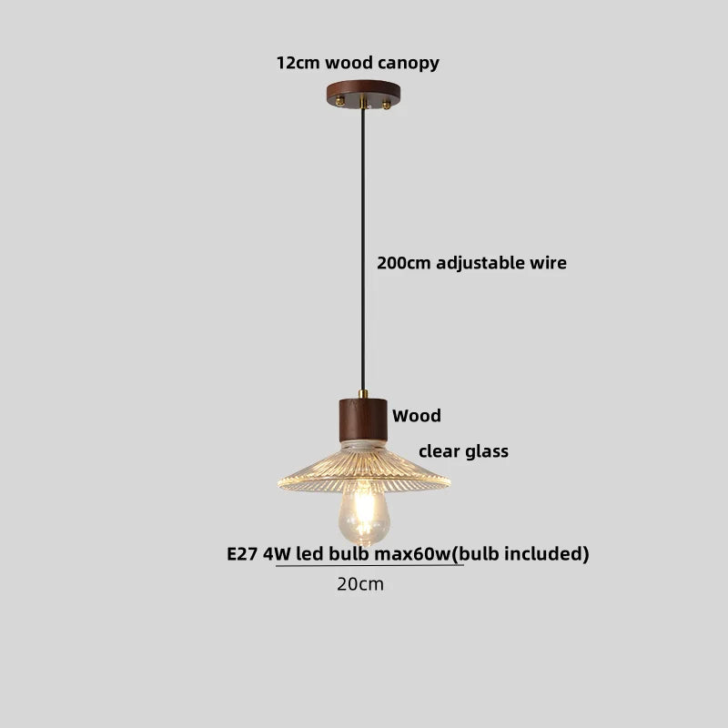 Helnys Glass LED Pendant Light Japan Style Wood Hanging Lamp
