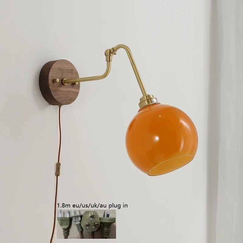 Helnys Green Glass Copper LED Wall Lamp with Pull Chain Switch and Walnut Wood Base