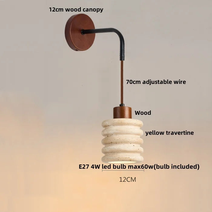 Helnys Adjustable LED Wall Lamp Pull Chain Switch Wood Nordic Modern Yellow Travertine