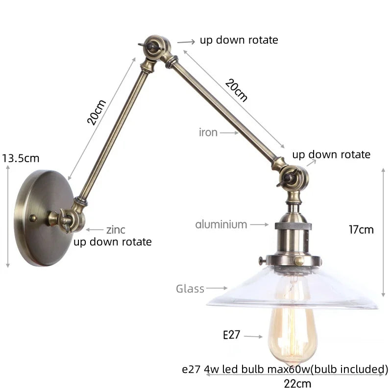 Helnys Vintage Clear Glass LED Wall Lamp with Pull Chain Switch