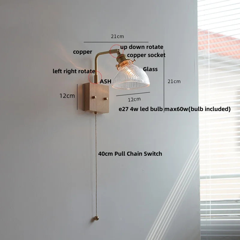 Helnys Rotatable Walnut Wood LED Wall Sconce Glass Pull Chain Switch Nordic Stair Light