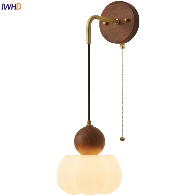 Helnys Wood Adjustable LED Wall Lamp Sconce Pull Chain Switch, Art Ambient Light