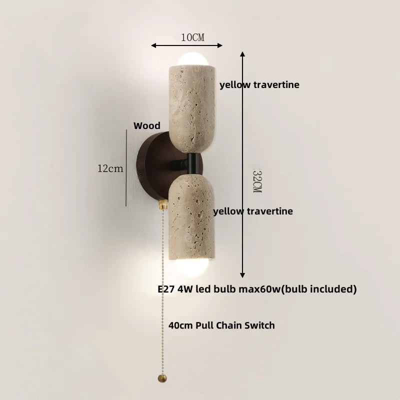 Helnys LED Wall Light Fixture Modern Nordic Design 2 Yellow Travertine Stone Wood Bedside Lamp