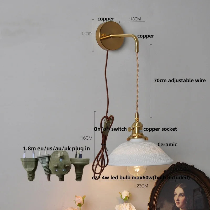 Helnys Nordic LED Wall Light Brass Bedside Lamp Chrome Pull Chain Switch