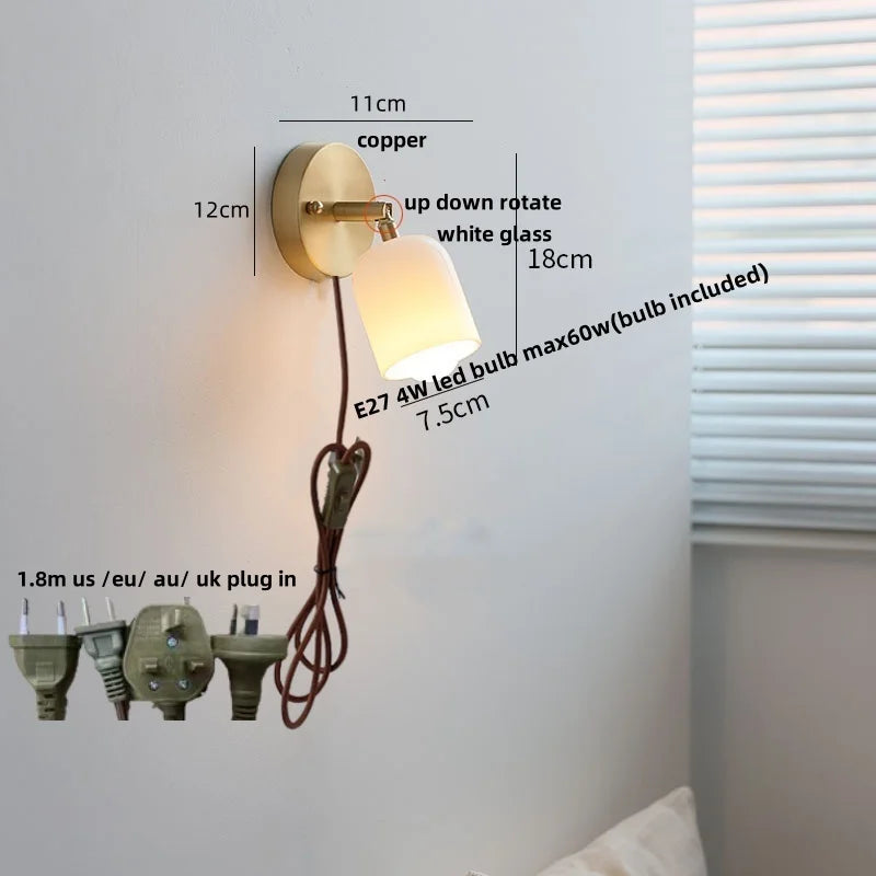 Helnys Nordic LED Wall Lamp Walnut Finish Pull Chain Switch Rotating Light